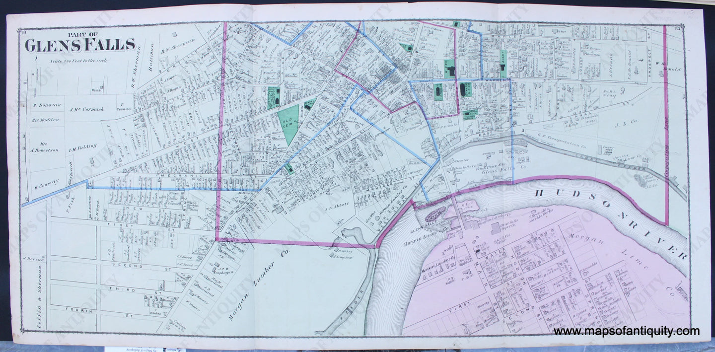 Antique-Hand-Colored-Map-Part-of-Glens-Falls-(NY)-1876-Beers-Northeast-New-York-State-1800s-19th-century-Maps-of-Antiquity