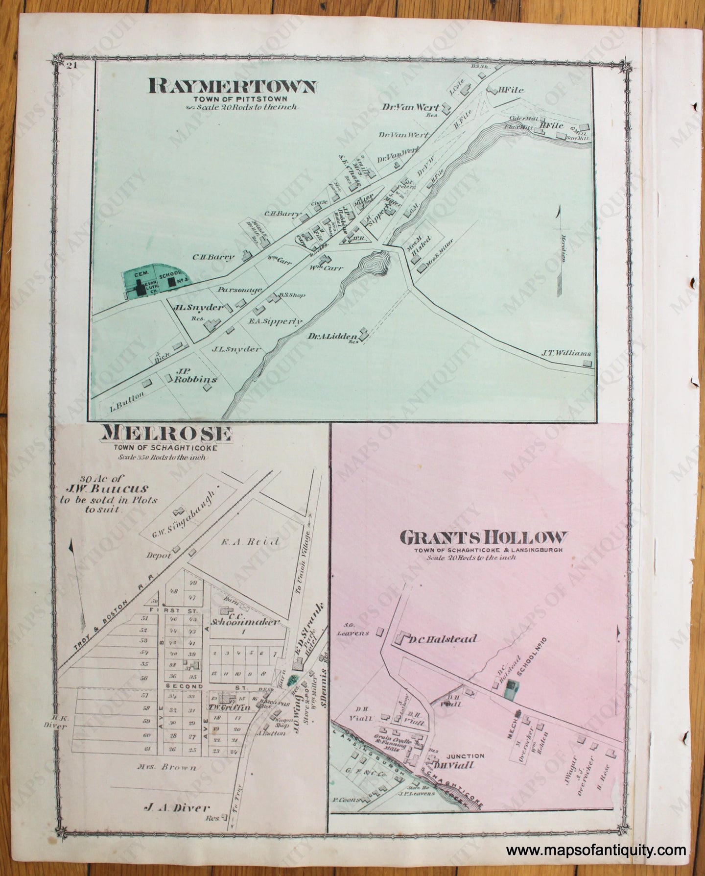 Antique-Hand-Colored-Map-Raymertown-Pittstown;-Melrose-Schaghticoke;-Grants-Hollow-Schaghticoke-and-Lansingburgh;-Verso:-Schaghticoke-Hill-Schaghticoke-and-Boyntonville-Pittstown-NY-1876-Beers-1800s-19th-century-Maps-of-Antiquity