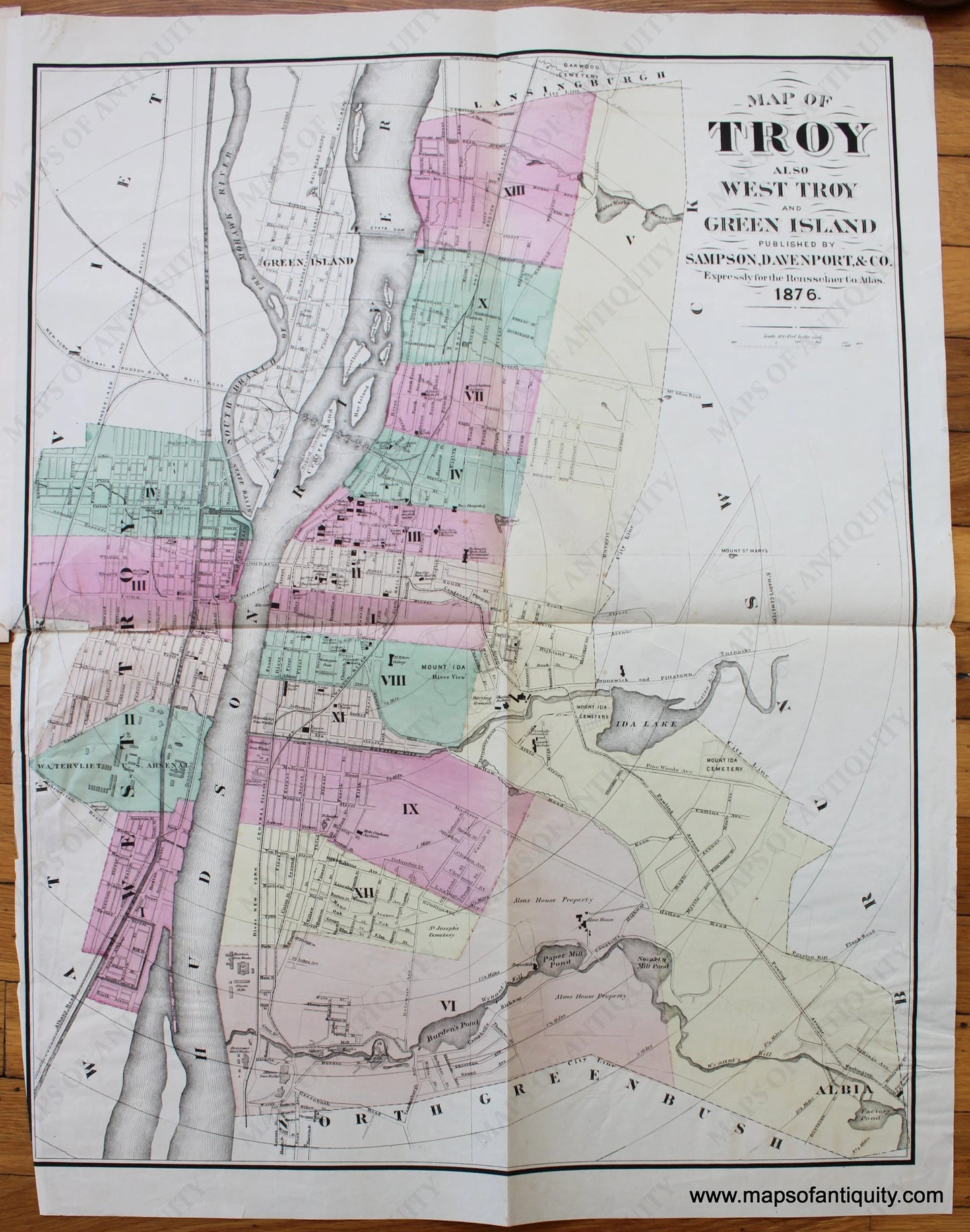 Antique-Hand-Colored-Map-Map-of-Troy-Also-West-Troy-and-Green-Island-Published-by-Sampson-Davenport-&-Co.-1876-Beers-1800s-19th-century-Maps-of-Antiquity