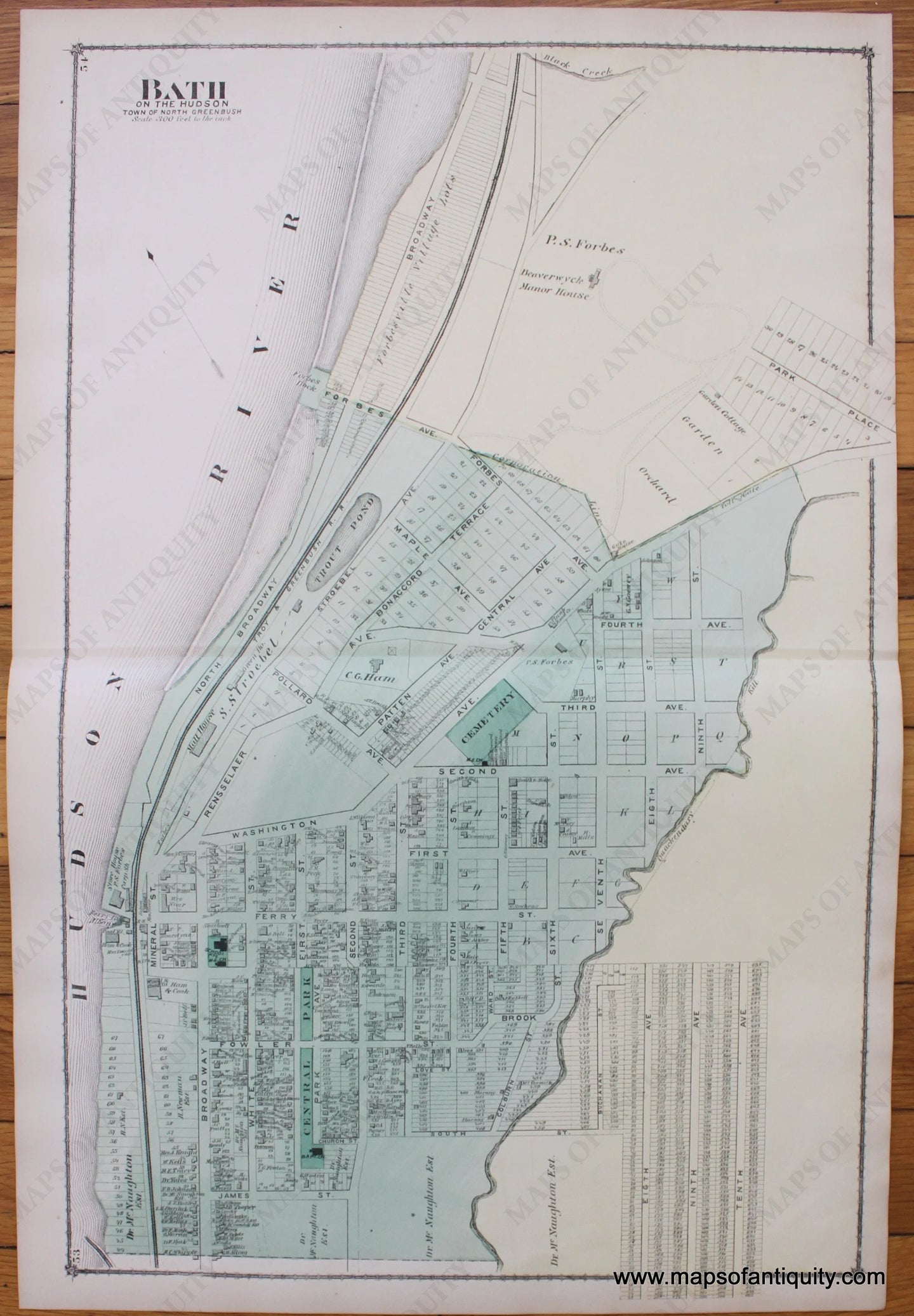 Antique-Hand-Colored-Map-Bath-on-the-Hudson-in-the-town-of-Greenbush-New-York-1876-Beers-1800s-19th-century-Maps-of-Antiquity