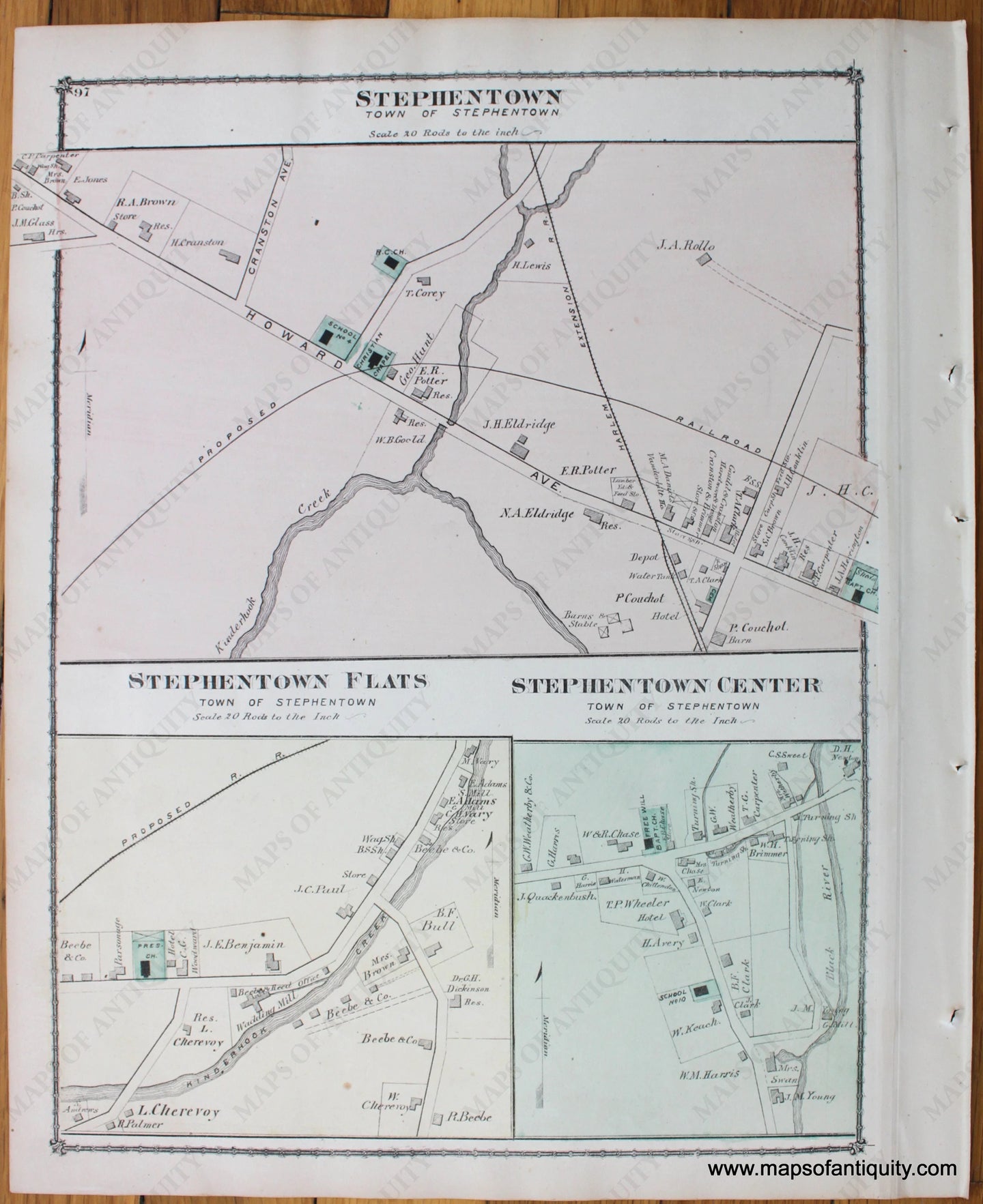 Antique-Hand-Colored-Map-Part-of-Nassau-New-York.-Verso-Stephentown-Stephentown-Flats-Stephentown-Center-1876-Beers-1800s-19th-century-Maps-of-Antiquity