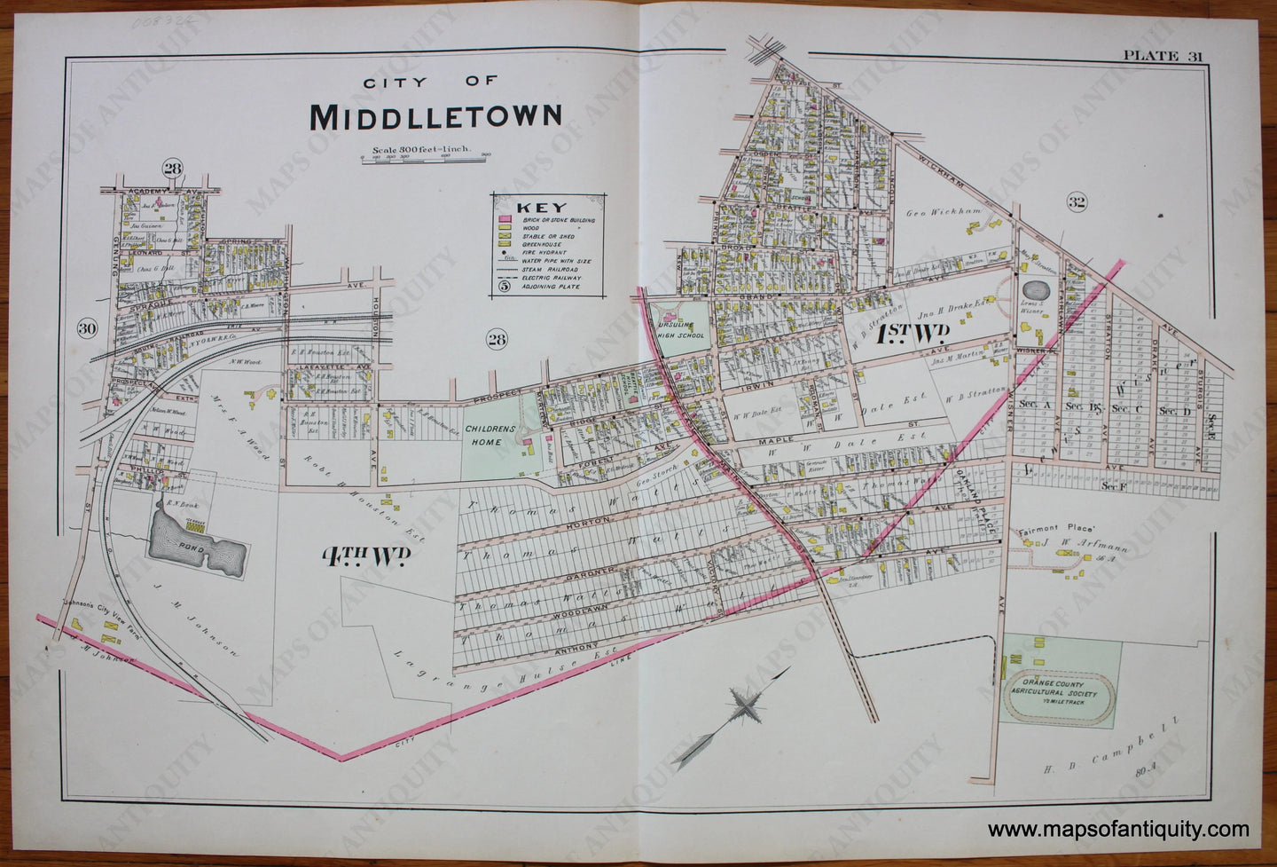 Antique-Printed-Color-Map-City-of-Middletown-NY-1903-Lathrop-/-A.-H.-Mueller-&-Co-New-York-1800s-19th-century-Maps-of-Antiquity