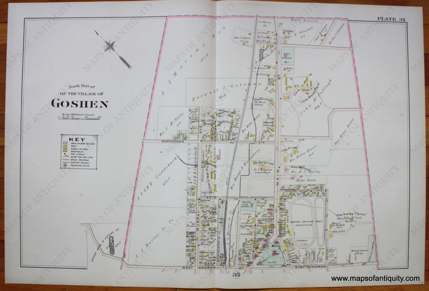 Antique-Printed-Color-Map-North-Part-of-the-Village-of-Goshen-NY-1903-Lathrop-/-A.-H.-Mueller-&-Co-New-York-1800s-19th-century-Maps-of-Antiquity