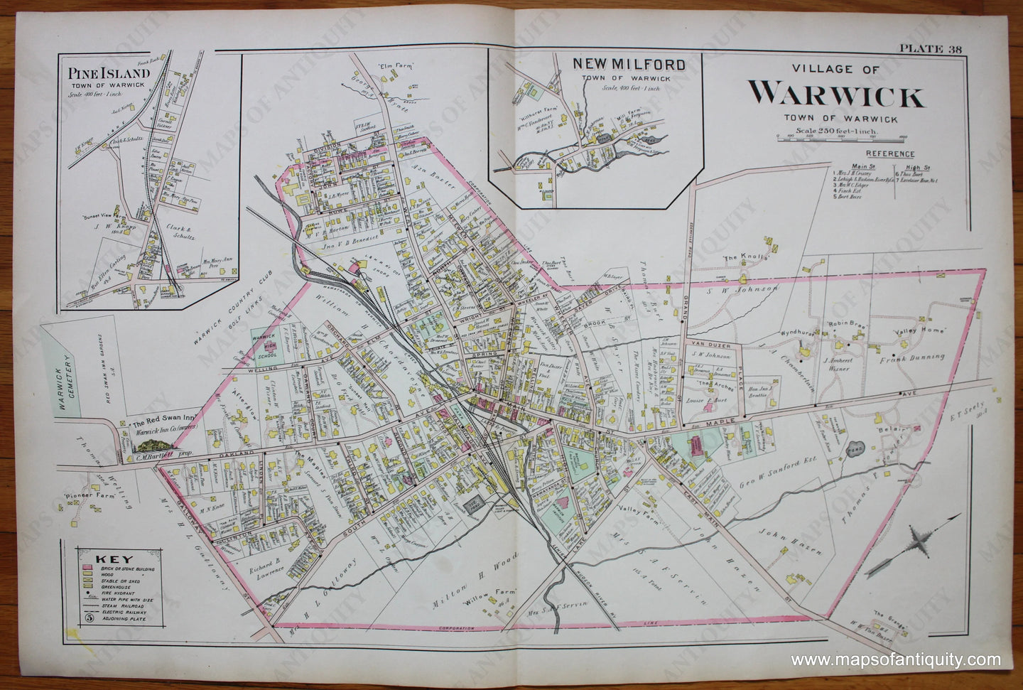 Antique-Printed-Color-Map-Village-of-Warwick-in-the-Town-of-Warwick-NY-1903-Lathrop-/-A.-H.-Mueller-&-Co-New-York-1800s-19th-century-Maps-of-Antiquity