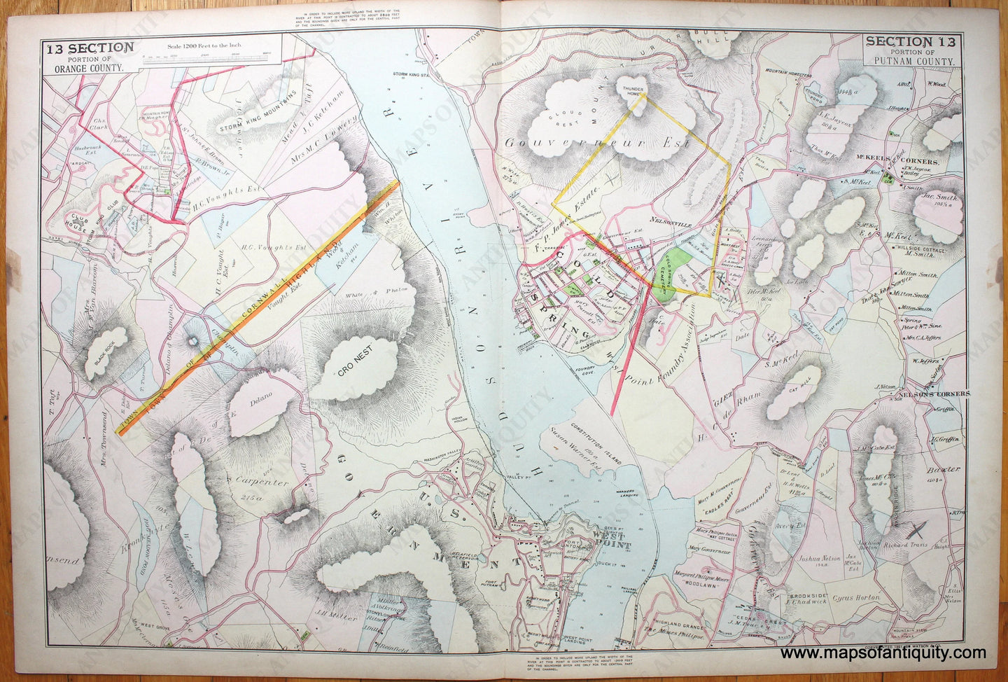 Genuine-Antique-Hand-Colored-Map-Section-13---Portion-of-Orange-County-and-Portion-of-Putnam-County-1891-Beers-/-Watson-Maps-Of-Antiquity-1800s-19th-century