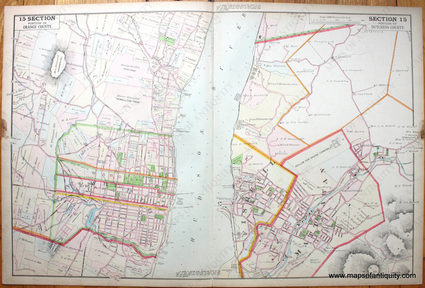 Genuine-Antique-Hand-Colored-Map-Section-15---Portion-of-Orange-County-and-Portion-of-Dutchess-County-1891-Beers-/-Watson-Maps-Of-Antiquity-1800s-19th-century