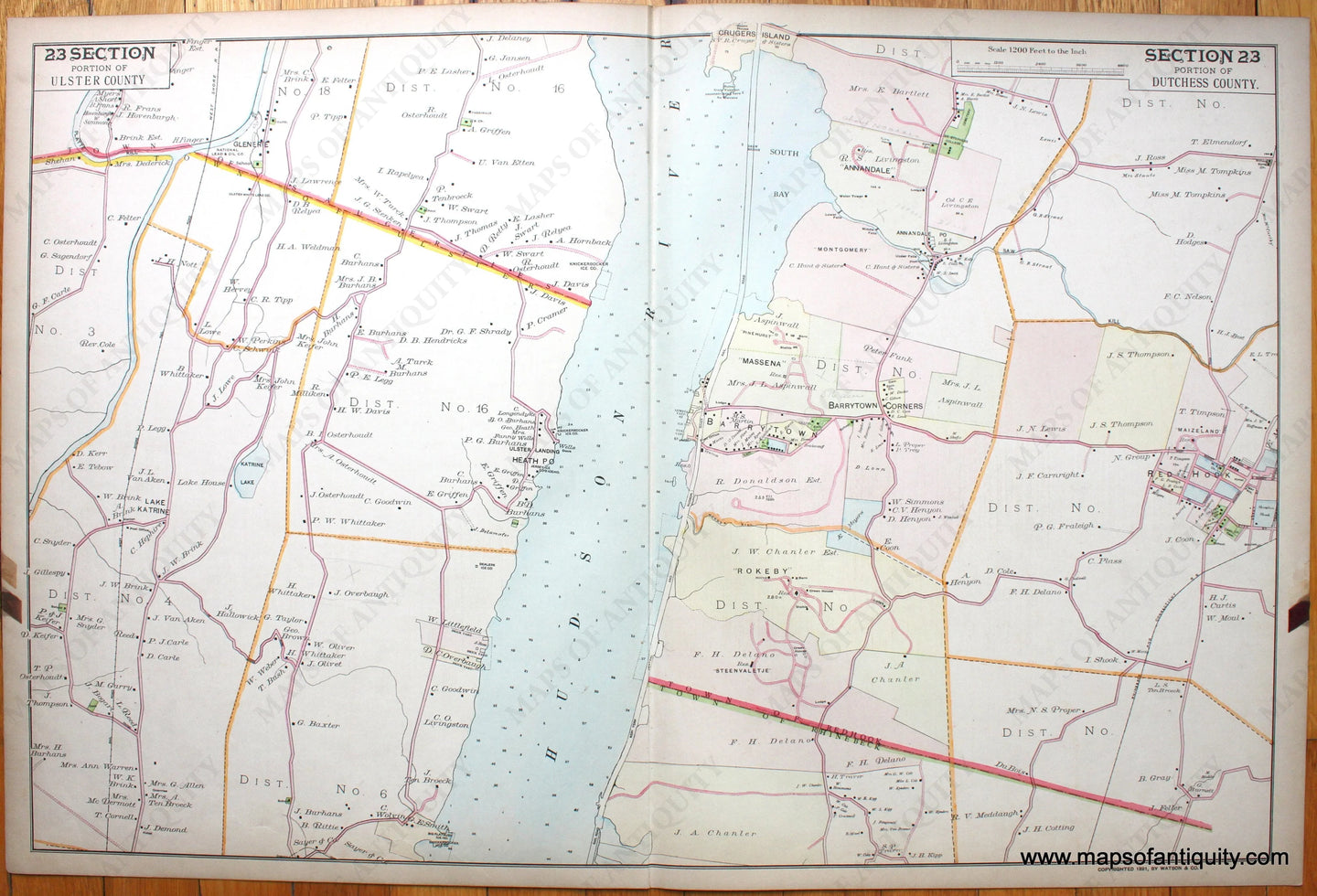 Genuine-Antique-Hand-Colored-Map-Section-23---Portion-of-Ulster-County-and-Portion-of-Dutchess-County-1891-Beers-/-Watson-Maps-Of-Antiquity-1800s-19th-century