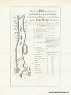 Antique map of Fort Oswego and Lake Ontario with a key on the right side that corresponds to the letters in the map. NYO954-Genuine-Antique-Map-English-Plan-of-the-Forts-Ontario-Oswego-with-part-of-the-River-Onondago-and-Lake-Ontario-1756-1850-Documentary-History-of-the-State-of-New-York-Maps-Of-Antiquity