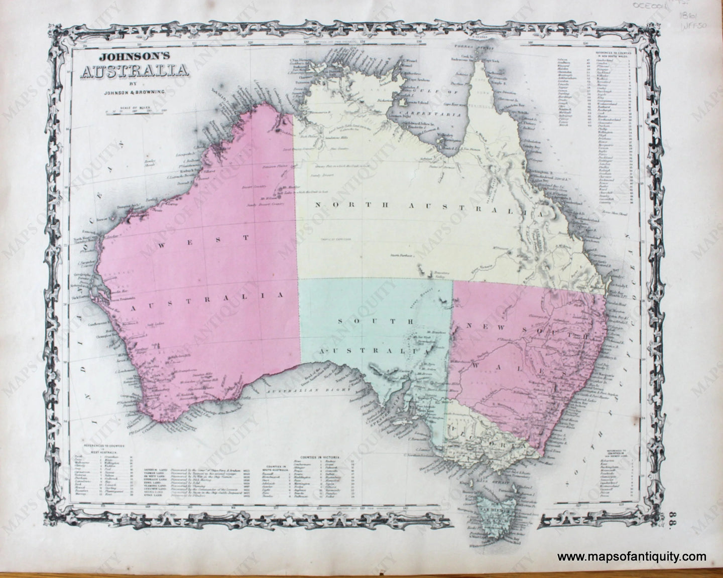 Antique-Hand-Colored-Map-Johnson's-Australia-Australia-&-Pacific--1861-Johnson-&-Browning-Maps-Of-Antiquity