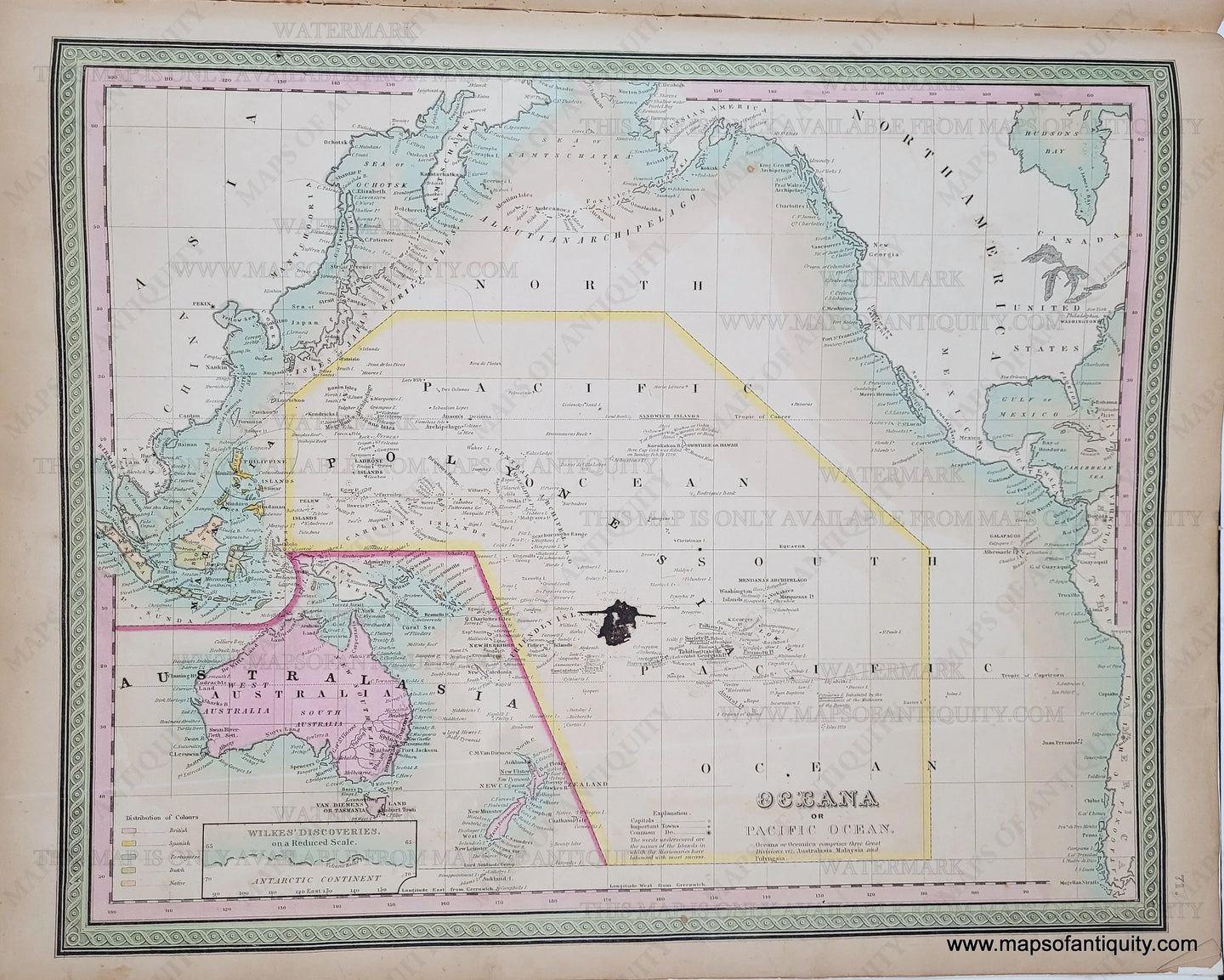 1849 - Oceana Or Pacific Ocean Antique Map Genuine Hand-Colored