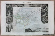 Map of Oceania with Malaysia, Australia, Micronesia, and Polynesia with hand-drawn line coloring to show the boundaries of each area, surrounded by exquisite black and white engravings reflecting that part of the world as it was known in 1850s.