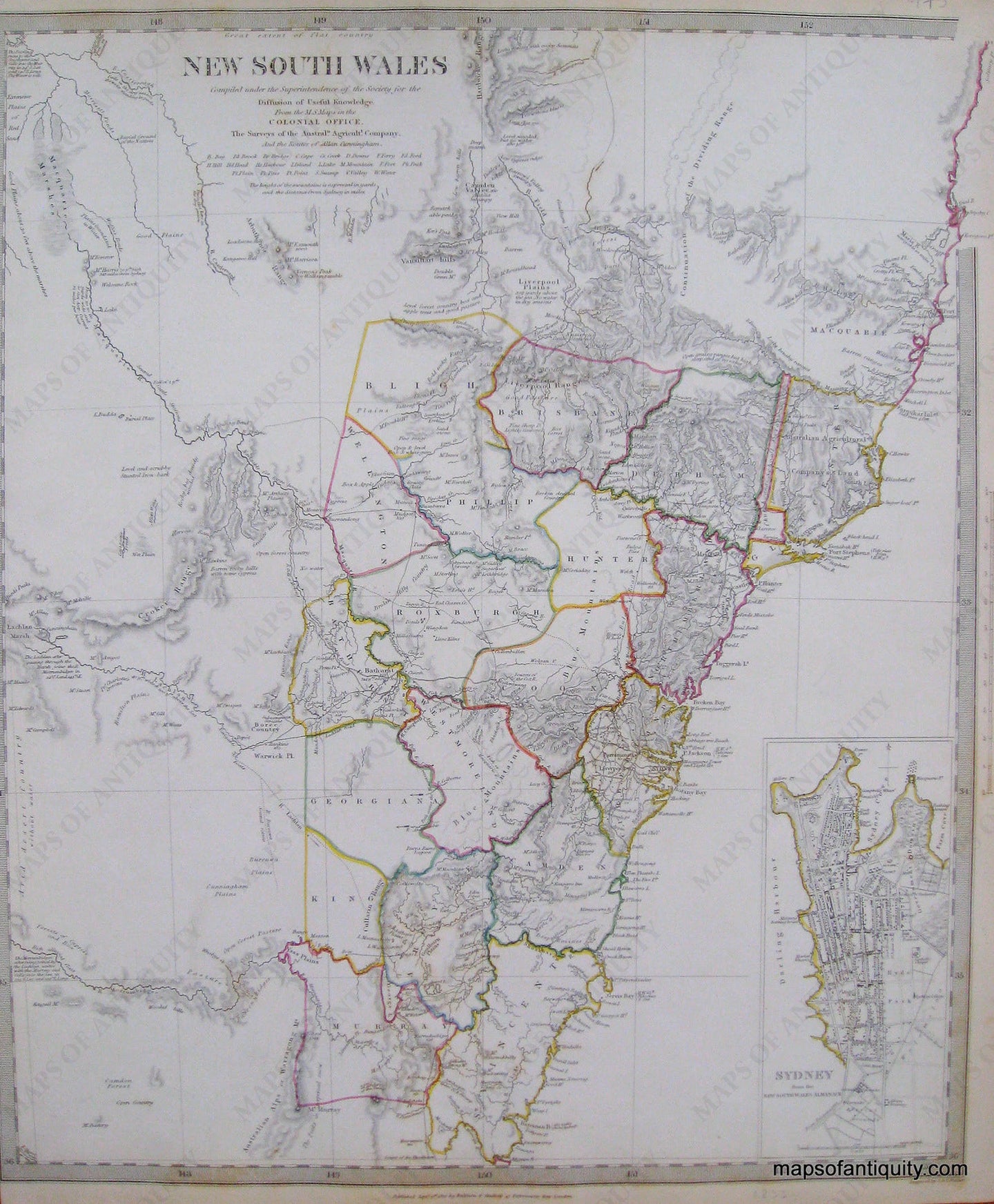 Antique-Hand-Colored-Map-New-South-Wales-(Australia)-with-close-up-of-Sydney-Oceania-Australia-1833-SDUK/-Society-for-the-Diffusion-of-Useful-Knowledge-Maps-Of-Antiquity