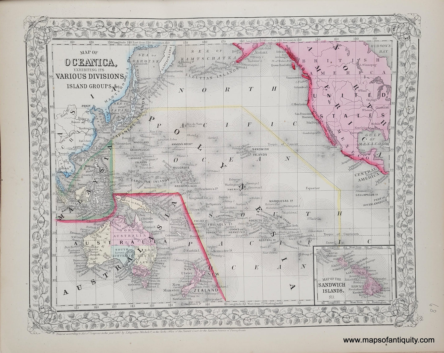 1868 - Map of Oceanica, Exhibiting its Various Divisions, Island Groups (Australia), etc., with inset Map of the Sandwich Islands (Hawaii). - Antique Map