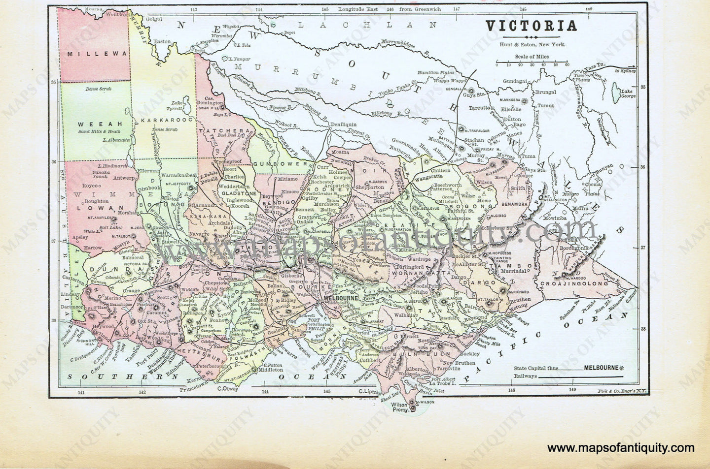 Antique-Printed-Color-Map-Victoria-Oceania-Australia-1893-Hunt-&-Eaton-Maps-Of-Antiquity