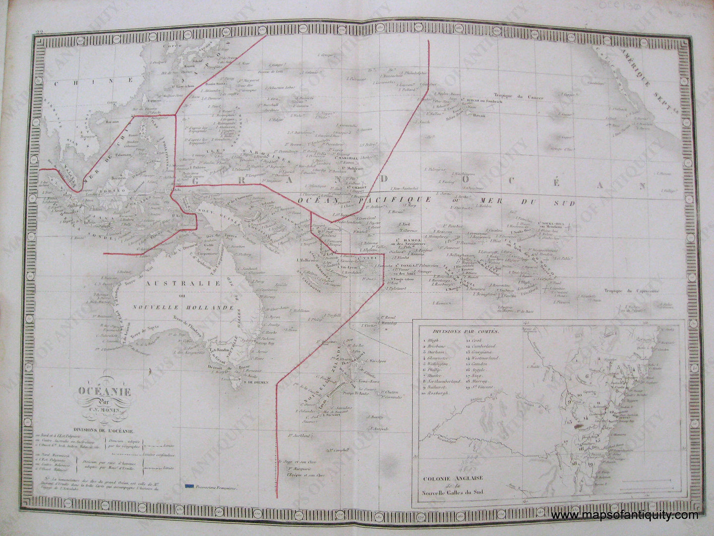 Antique-Hand-Colored-Map-Oceanie-(Oceanica)-Australia-Pacific-Islands-1846-Monin-1800s-19th-century-Maps-of-Antiquity