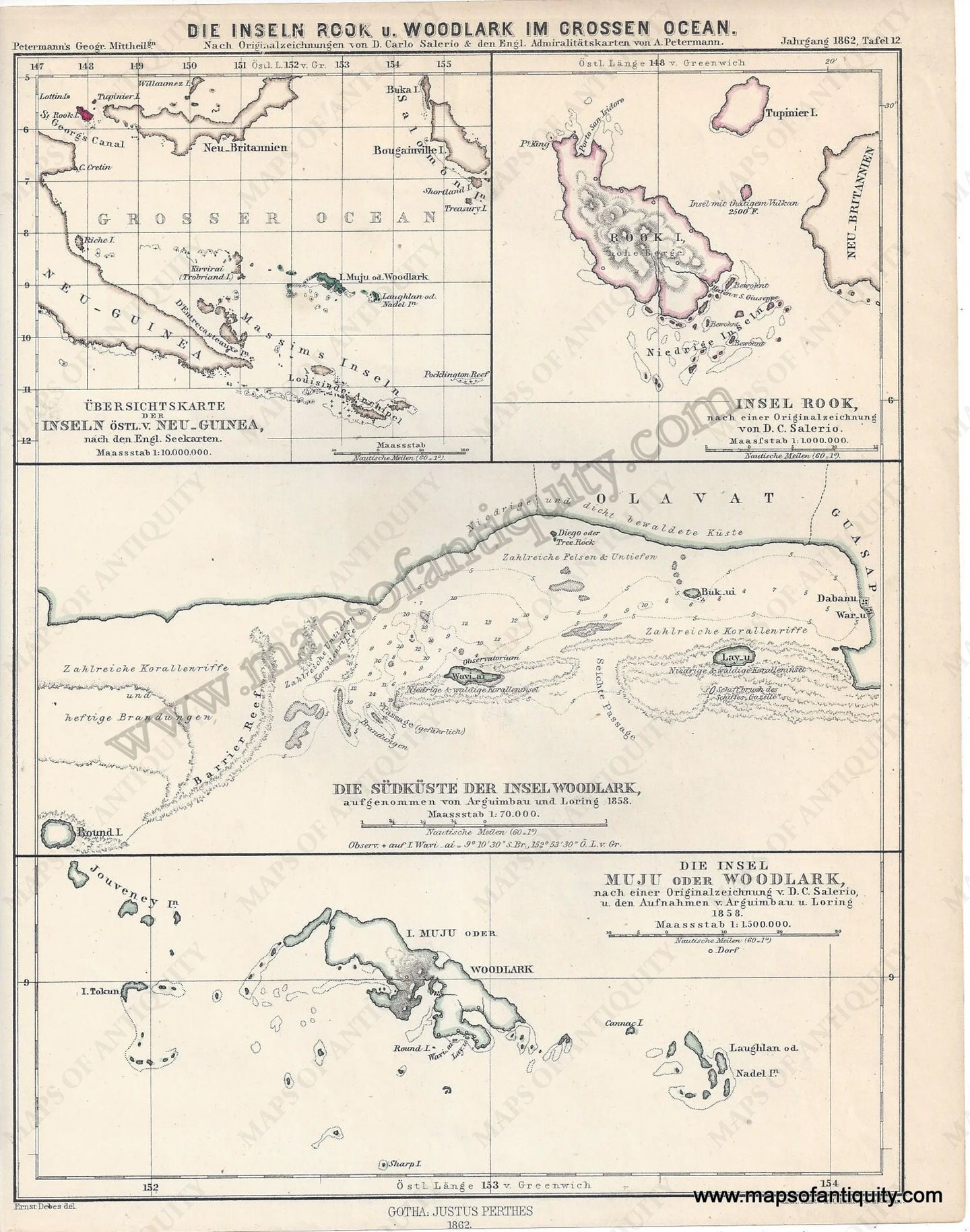 Antique-Hand-Colored-Map-Papua-New-Guinea-Die-Inseln-Rook-u.-Woodlark-Im-Grossen-Ocean-1862-Perthes-Southeast-Asia-&-Indonesia-1800s-19th-century-Maps-of-Antiquity