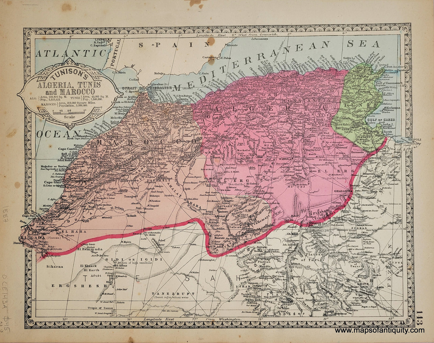 1887 - Tunison's Algeria, Tunis, and Marocco - Antique Map