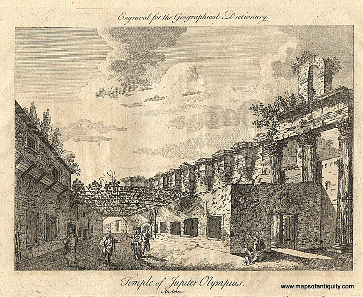 Antique-Black-and-White-Engraved-Illustration-Temple-of-Jupiter-Olympius-at-Athens.-Historical-Prints--1759-Rollos-Maps-Of-Antiquity