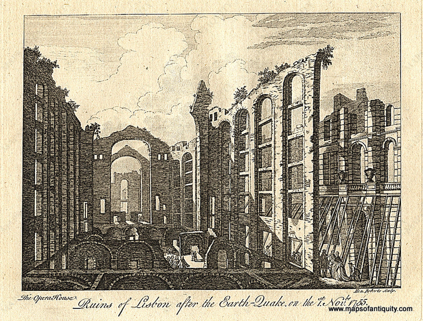 Antique-Black-and-White-Engraved-Illustration-and-City-View-Ruins-of-Lisbon-after-the-Earth-Quake-on-the-1st-Nov.-1755.-Historical-Prints-Portugal-1759-Rollos-Maps-Of-Antiquity