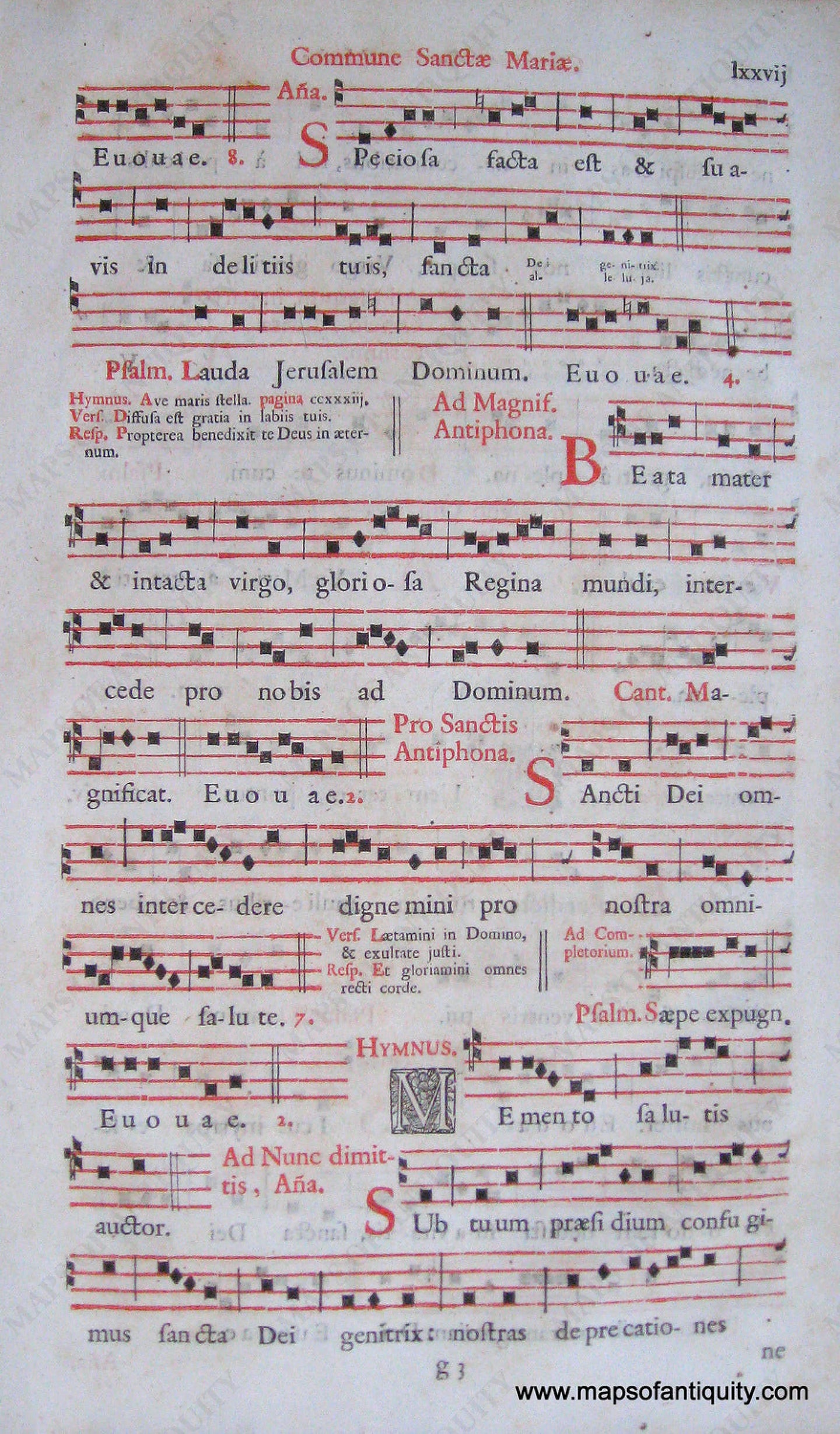 Printed-Black-and-Red-Antique-Sheet-Music-Antique-Sheet-Music-Commune-Sanctae-Maria-pg.-lxxvij-lxxviij-**********-Antique-Prints-Antique-Sheet-Music-c.-17th-century-Unknown-Maps-Of-Antiquity