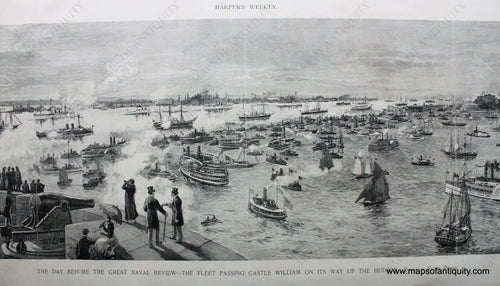 Antique-Black-and-White-Print-The-Day-Before-the-Great-Naval-Review----The-Fleet-Passing-Castle-William-on-its-Way-up-the-Hudson-Antique-Prints-Maritime-Prints-1893-Harper's-Weekly-Maps-Of-Antiquity