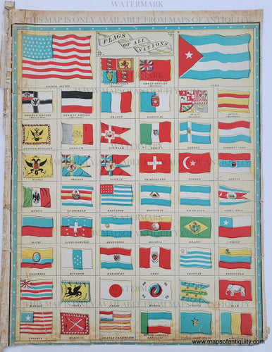 Antique page showing flags of various nations in vibrant original printed colors of red, blue, green, yellow, black, and white. The largest flags are USA and Cuba at the top of the page.