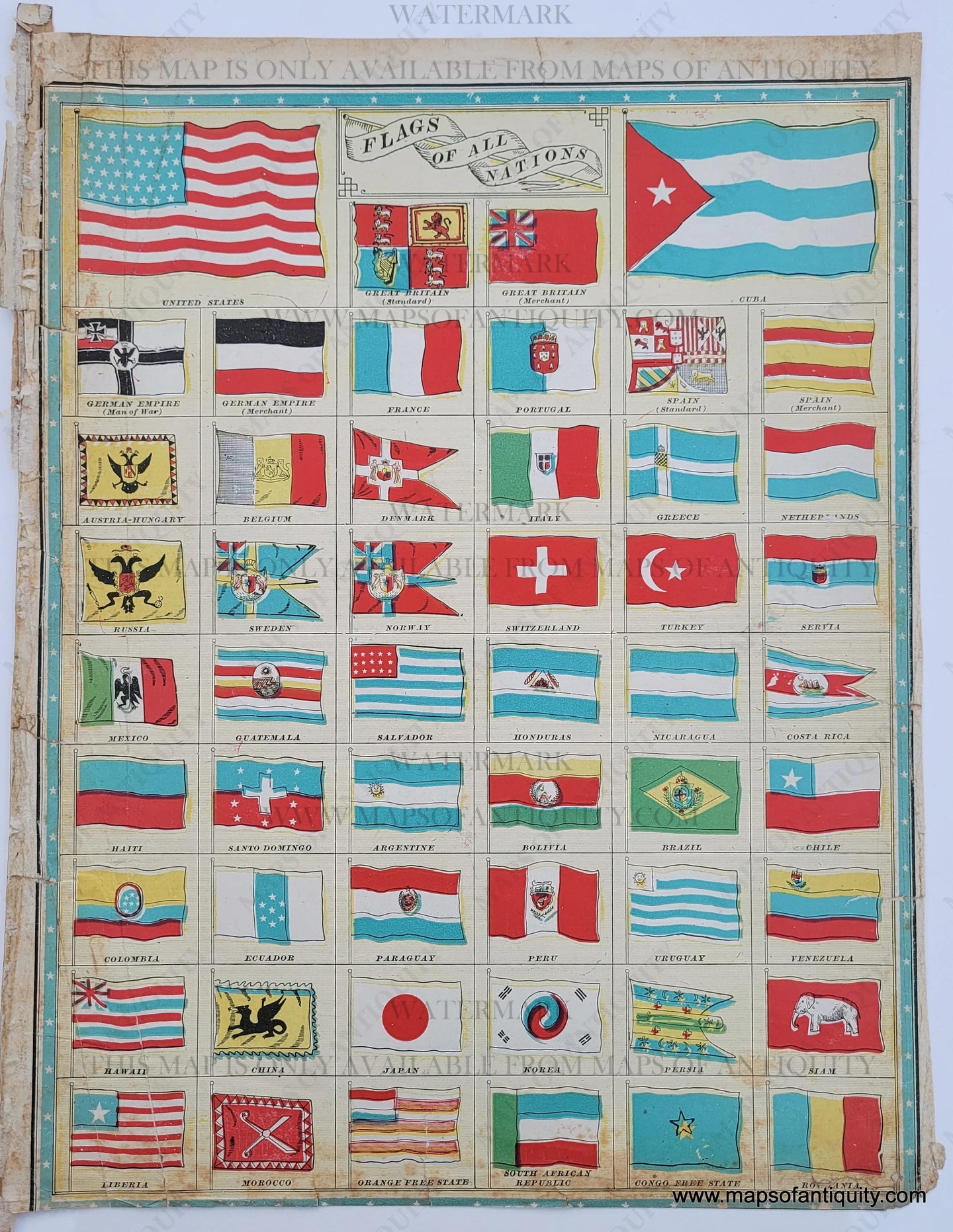 Antique page showing flags of various nations in vibrant original printed colors of red, blue, green, yellow, black, and white. The largest flags are USA and Cuba at the top of the page.