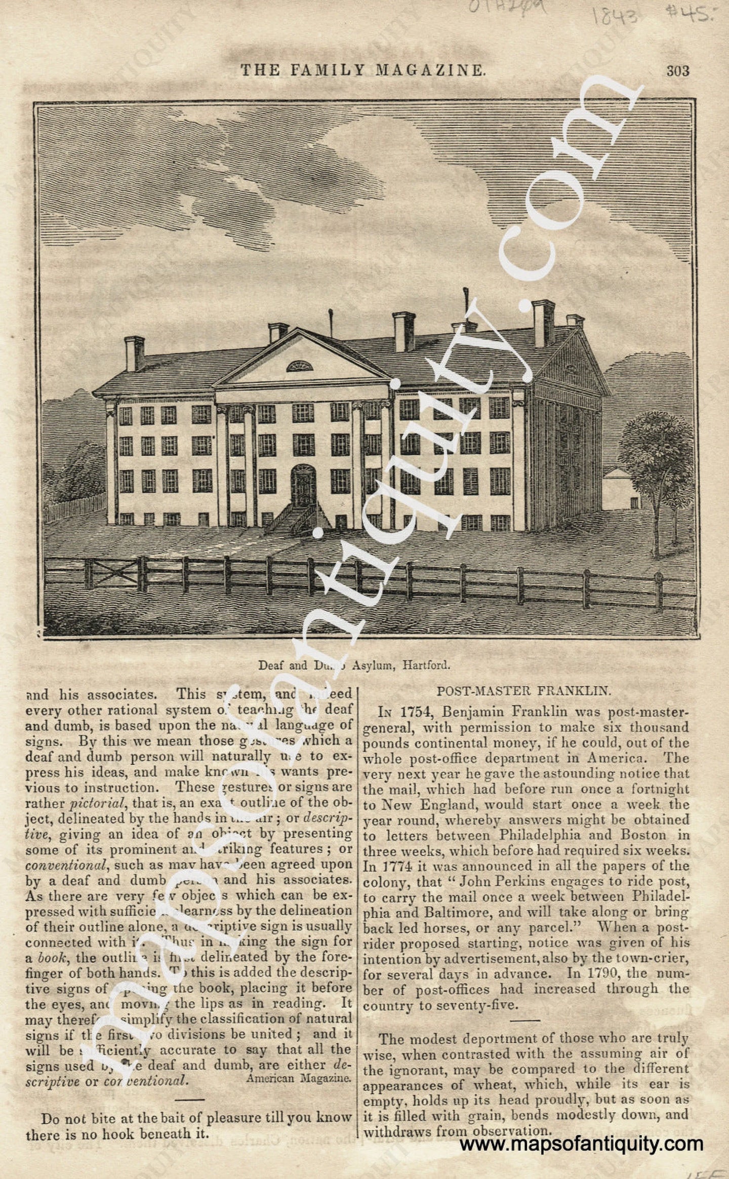 Antique-Uncolored-Print-Deaf-and-Dumb-Asylum-Hartford-United-States-Connecticut-1839/1843-The-Family-Magazine-Maps-Of-Antiquity