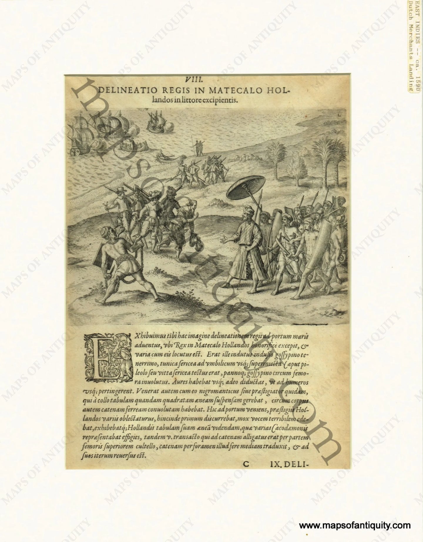 Antique-Black-and-White-Engraved-Illustration-Delineatio-Regis-In-Matecalo-Hollandos-in-littore-excipientis-**********-Antique-Prints-Historical-Prints-c.-1590-1600-Theodor-De-Bry-Maps-Of-Antiquity