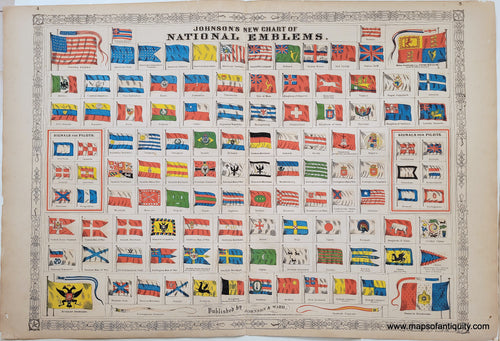 Antique-Map-Johnson's-New-Chart-National-Emblems-Flags-Standards-Pennants-Johnson-1866-1860s-1800s-19th-Century-Maps-of-Antiquity