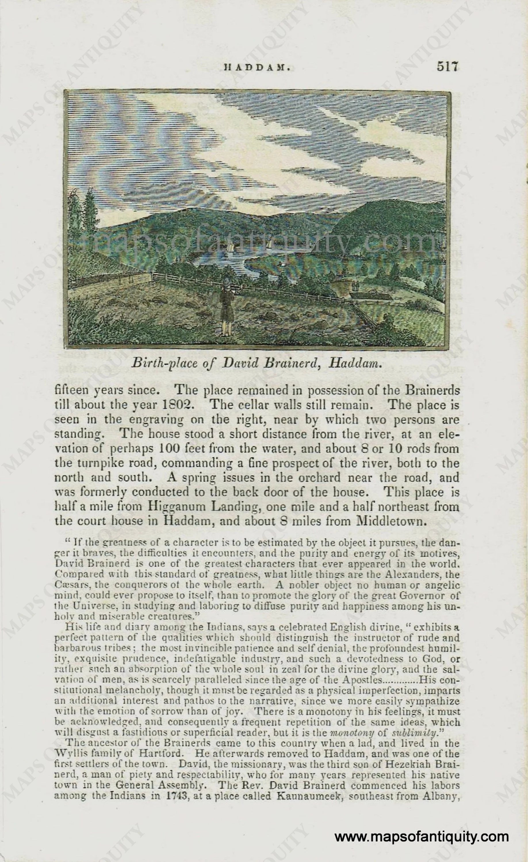 1840 - Birth-place of David Brainerd, Haddam. - Antique Print – Maps of ...