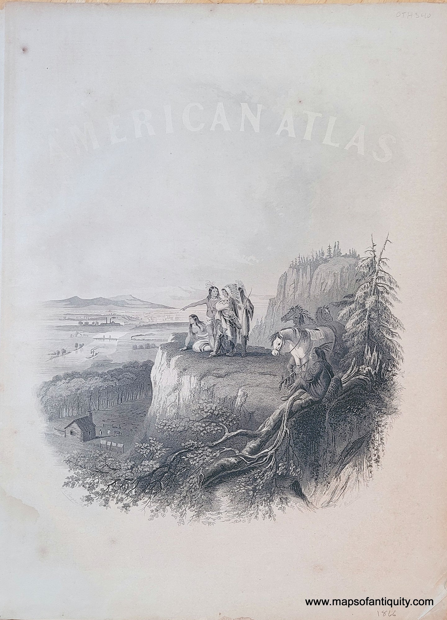 Antique-Engraving-American-Atlas-Title-Page-1861-Johnson-and-Browning-Native-American-Indians-Horses-Illustration-Print-1800s-19th-century-Maps-of-Antiquity