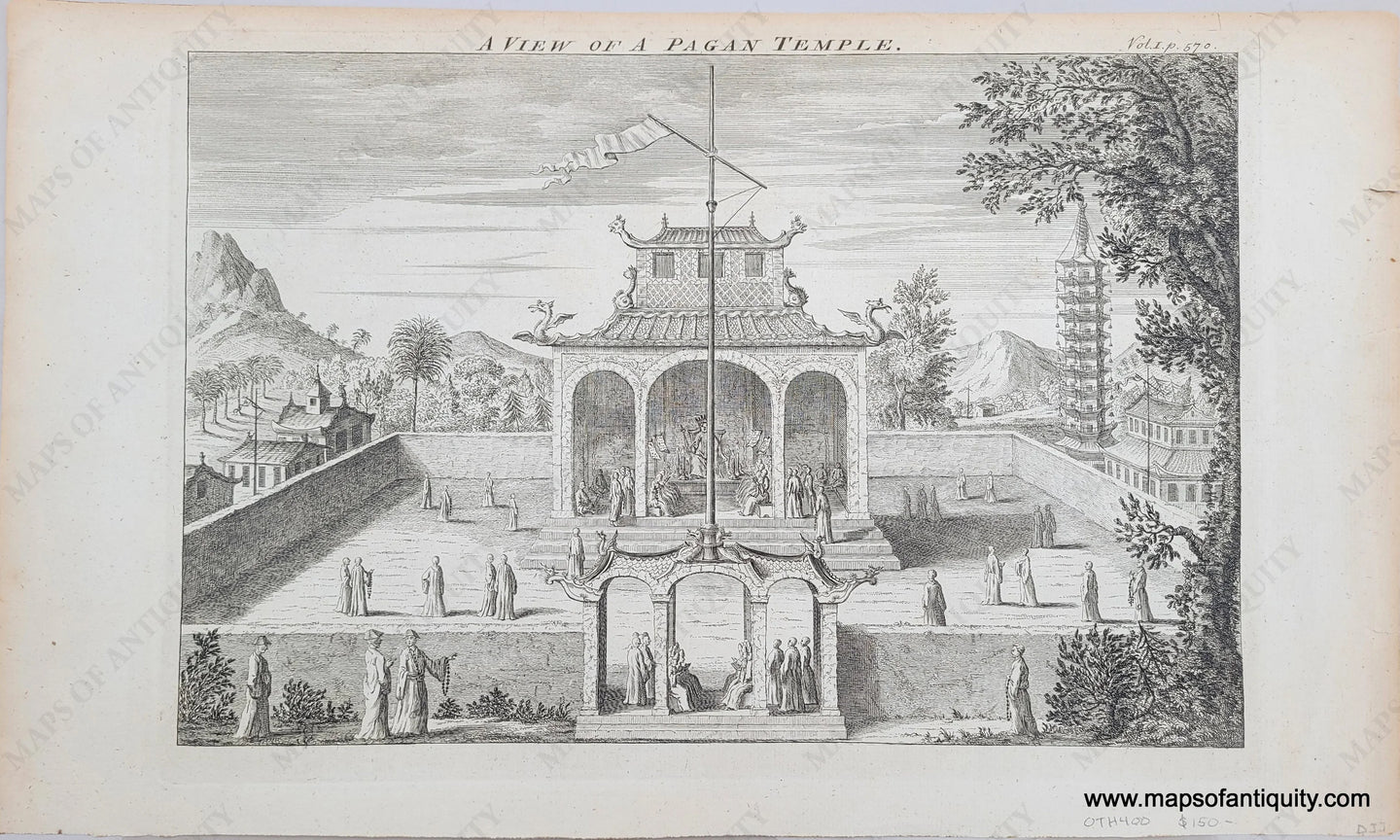 Genuine-Antique-Print-A-View-of-a-Pagan-Temple-1744-Bowen-Maps-Of-Antiquity