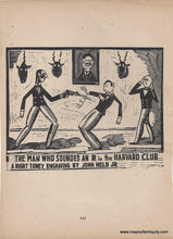 Load image into Gallery viewer, Woodblock style cartoon titled &quot;The Man who Sounded an R in the Harvard Club&quot; A right toney engraving by John Held Jr. The image shows one man shooting another with a gun, while a third looks upset in the background and on the wall a portrait appears to have an angry face and three taxidermized animal heads watch in alarm.
