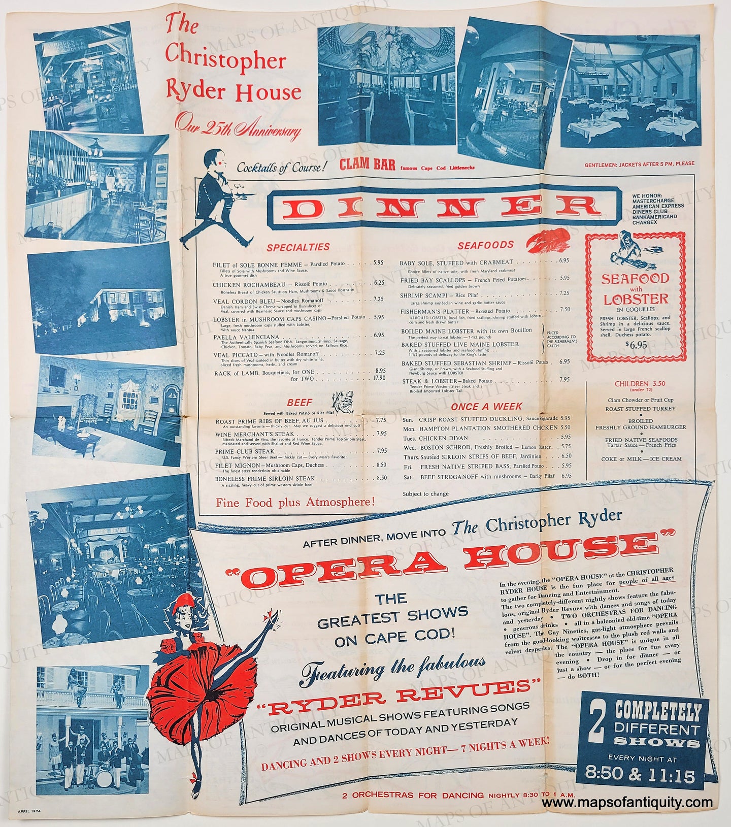 1974 - Christopher Ryder House Menu, Chatham MA, with Cape Cod Map - G ...