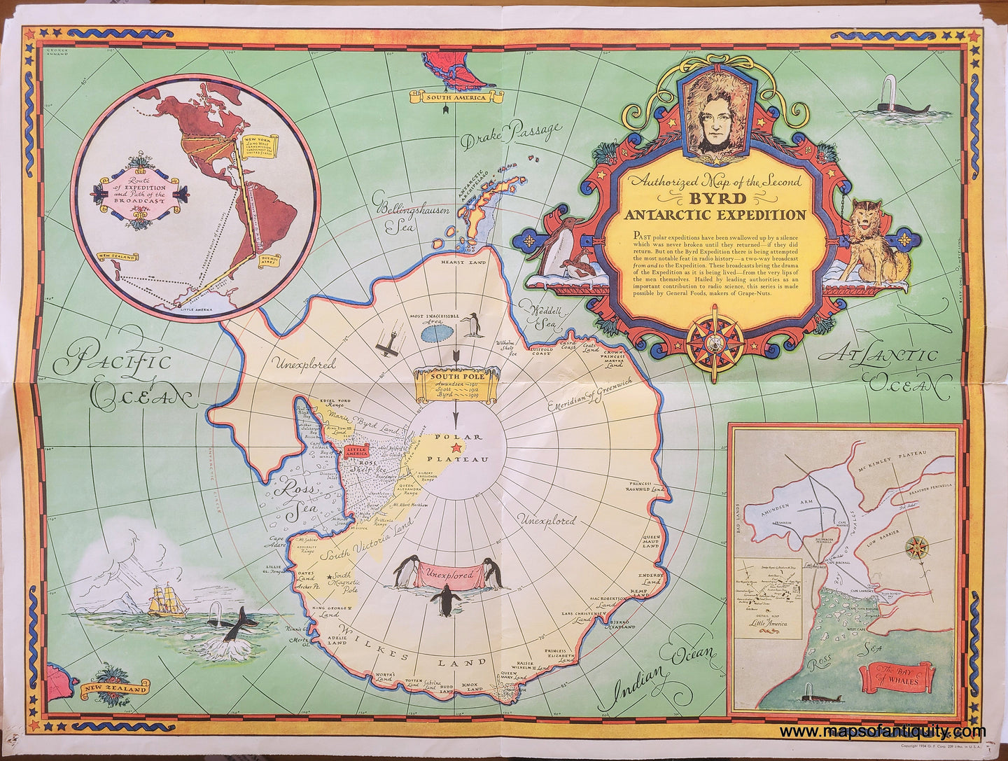 1934 - Authorized Map of the Second Byrd Antarctic Expedition - Antique Map