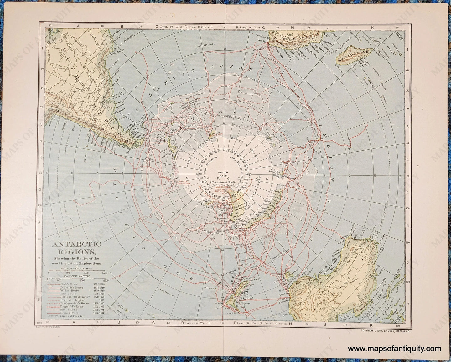 Genuine-Antique-Map-Antarctic-Regions-Showing-the-Routes-of-the-most-important-Explorations--c-1907-Dood-Mead-Co--Maps-Of-Antiquity