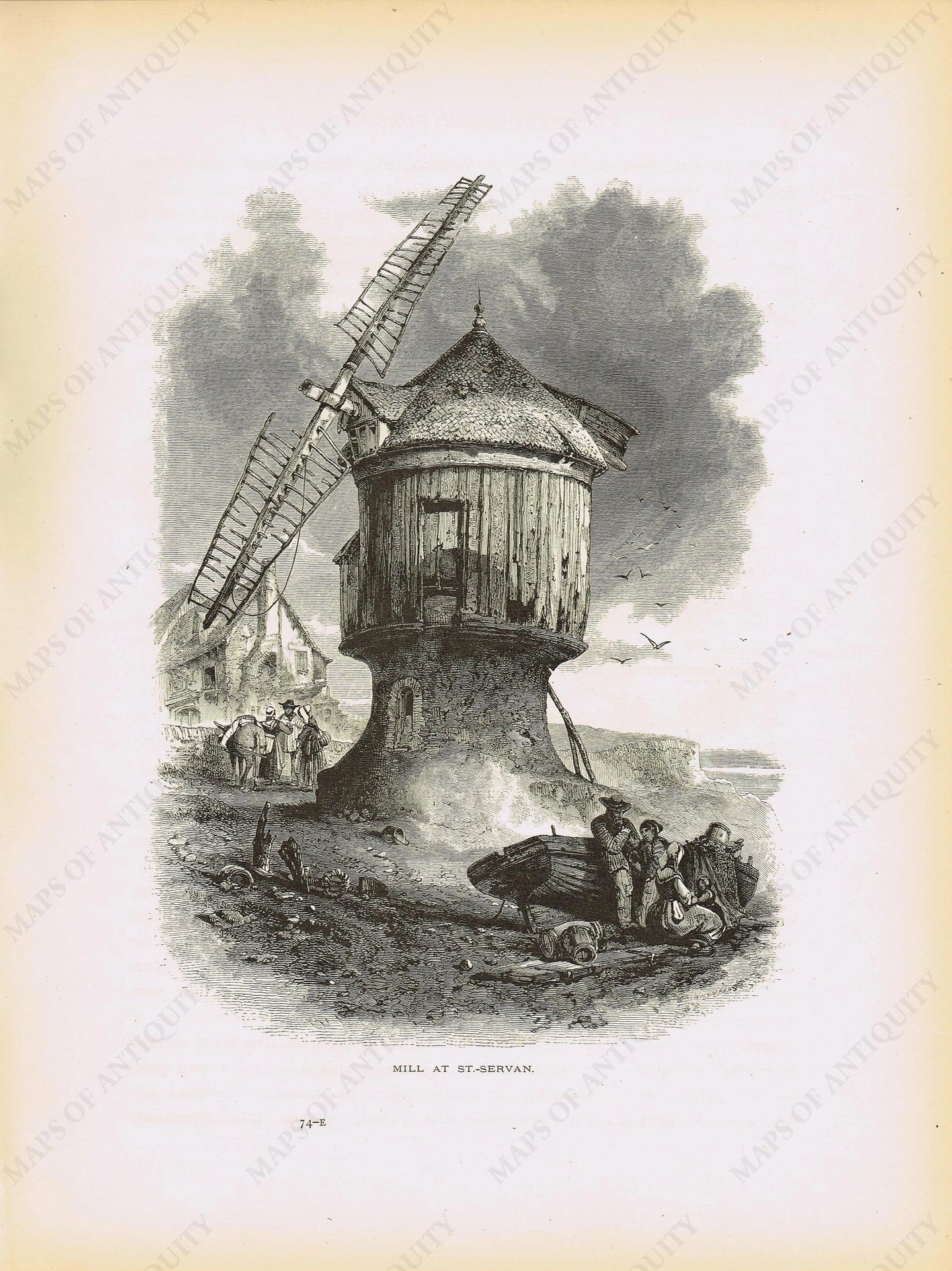 Genuine-Antique-Print-Mill-at-Saint-Servan-France--1878-Picturesque-Europe-Maps-Of-Antiquity