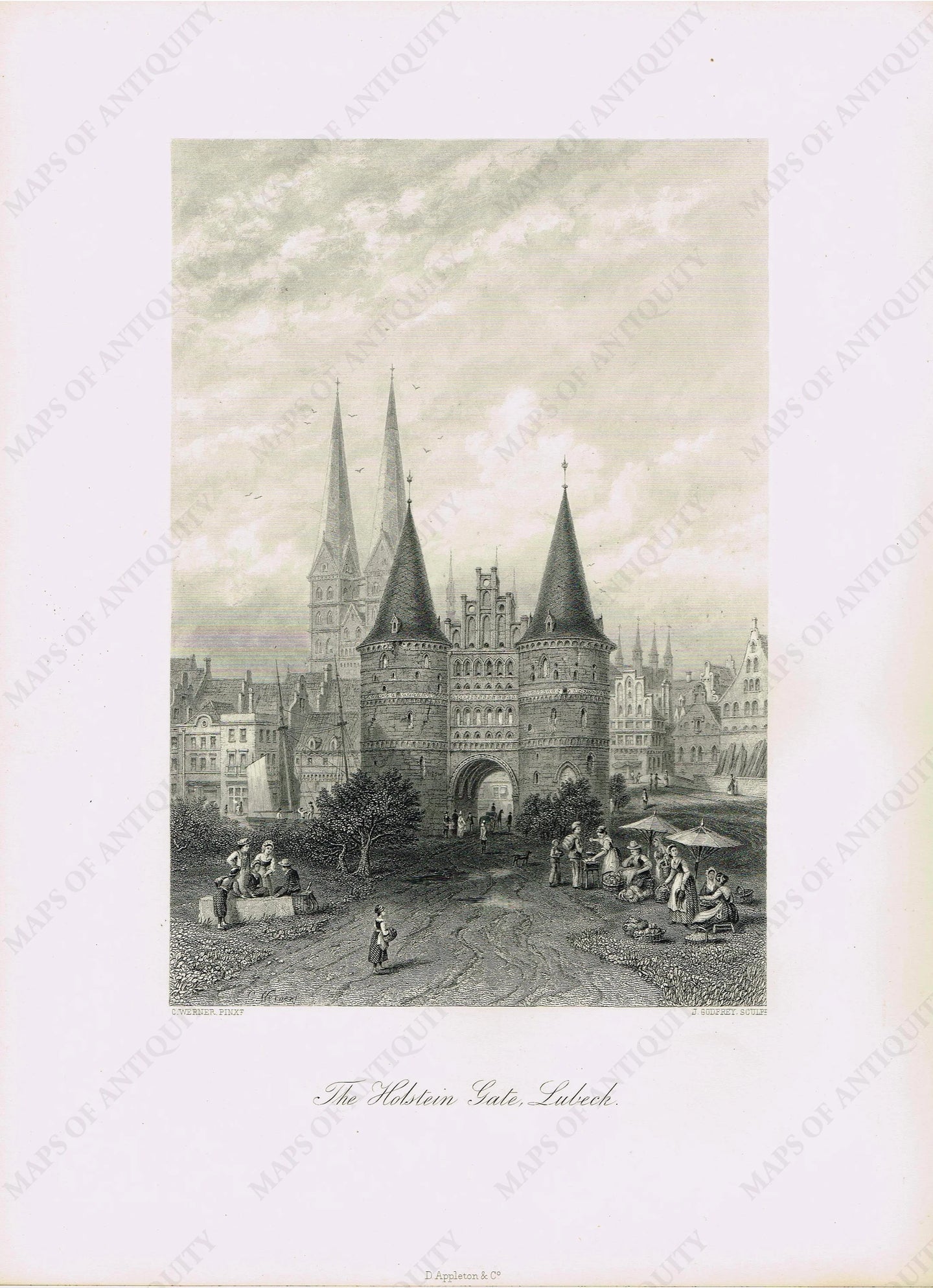 Genuine-Antique-Print-The-Holstein-Gate-Lubeck-Germany--1878-Picturesque-Europe-Maps-Of-Antiquity