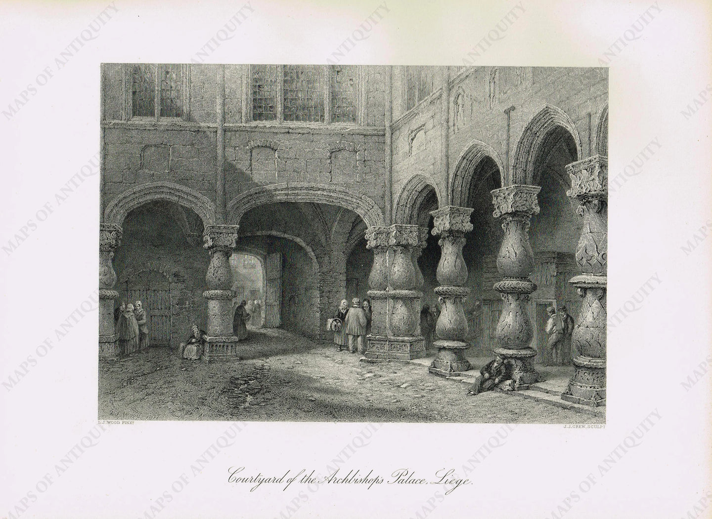 Genuine-Antique-Print-Courtyard-of-the-Archbishop-s-Palace-Liege-Belgium--1879-Picturesque-Europe-Maps-Of-Antiquity