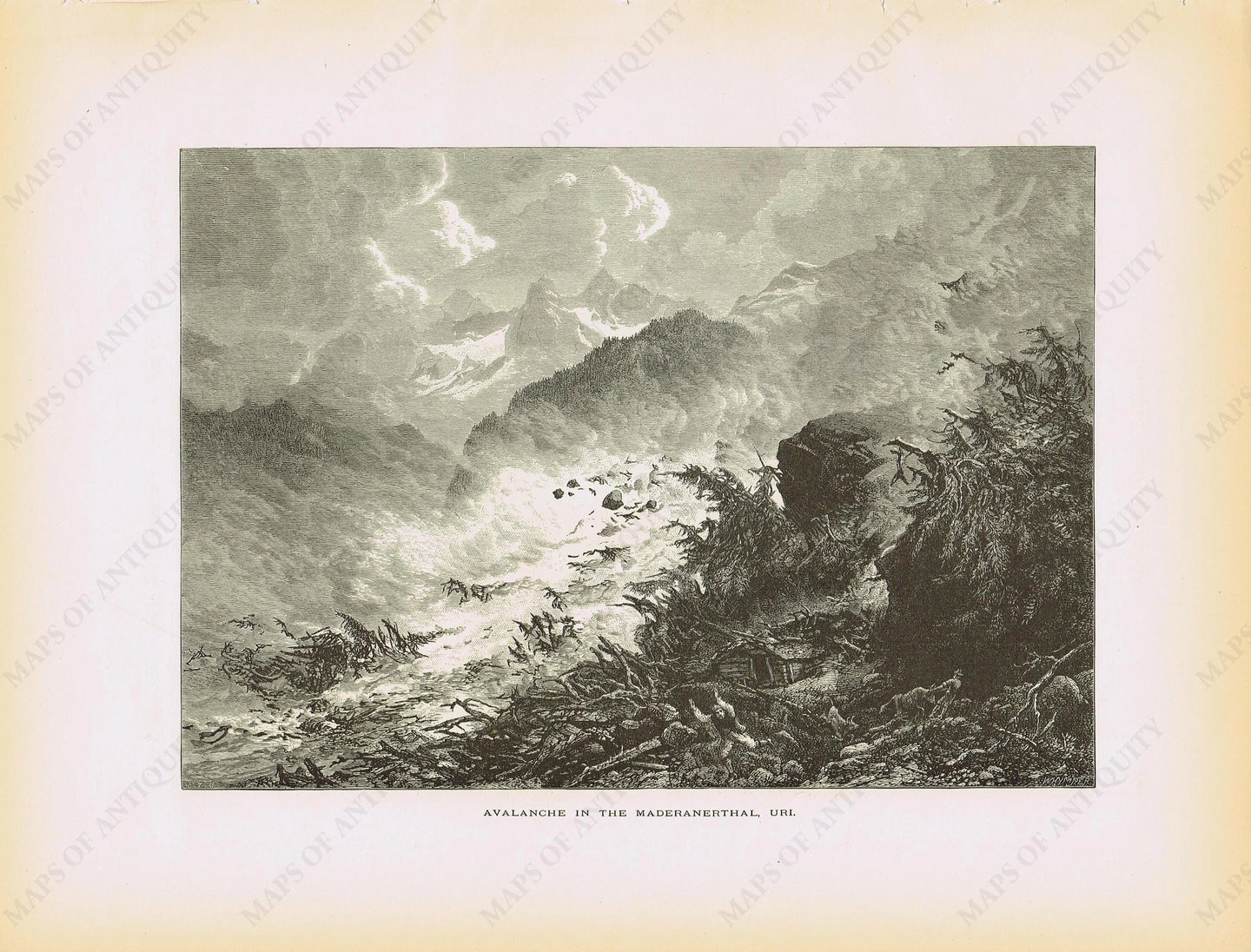 Genuine-Antique-Print-Avalanche-in-the-Maderanerthal-Uri--Switzerland--1879-Picturesque-Europe-Maps-Of-Antiquity