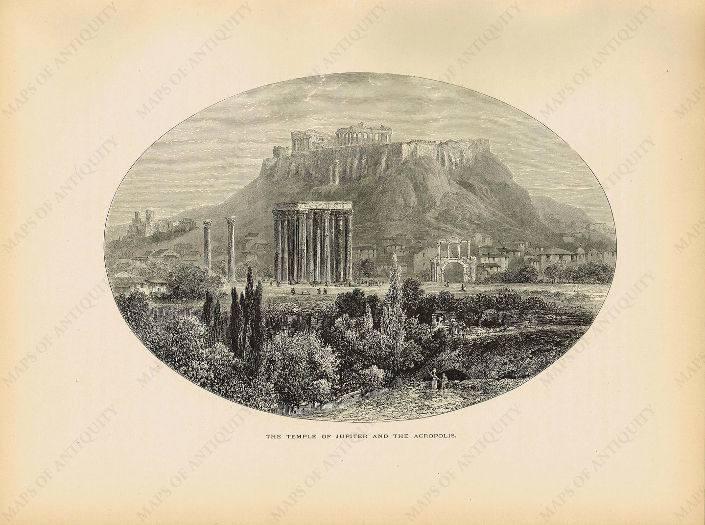 Genuine-Antique-Print-The-Temple-of-Jupiter-and-The-Acropolis-Greece--1879-Picturesque-Europe-Maps-Of-Antiquity