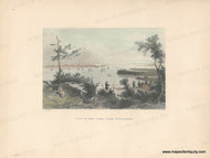antique engraved illustration of a harbor scene with people and boats, labeled 'View of New York from Weehawken'. hand-colored in green, blue, brick red, brown
