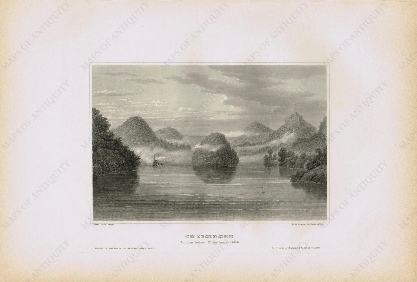 Genuine-Antique-Print-The-Mississippi-Sunrise-below-St-Anthonys-Falls-Minnesota--1855-Appleton-Maps-Of-Antiquity