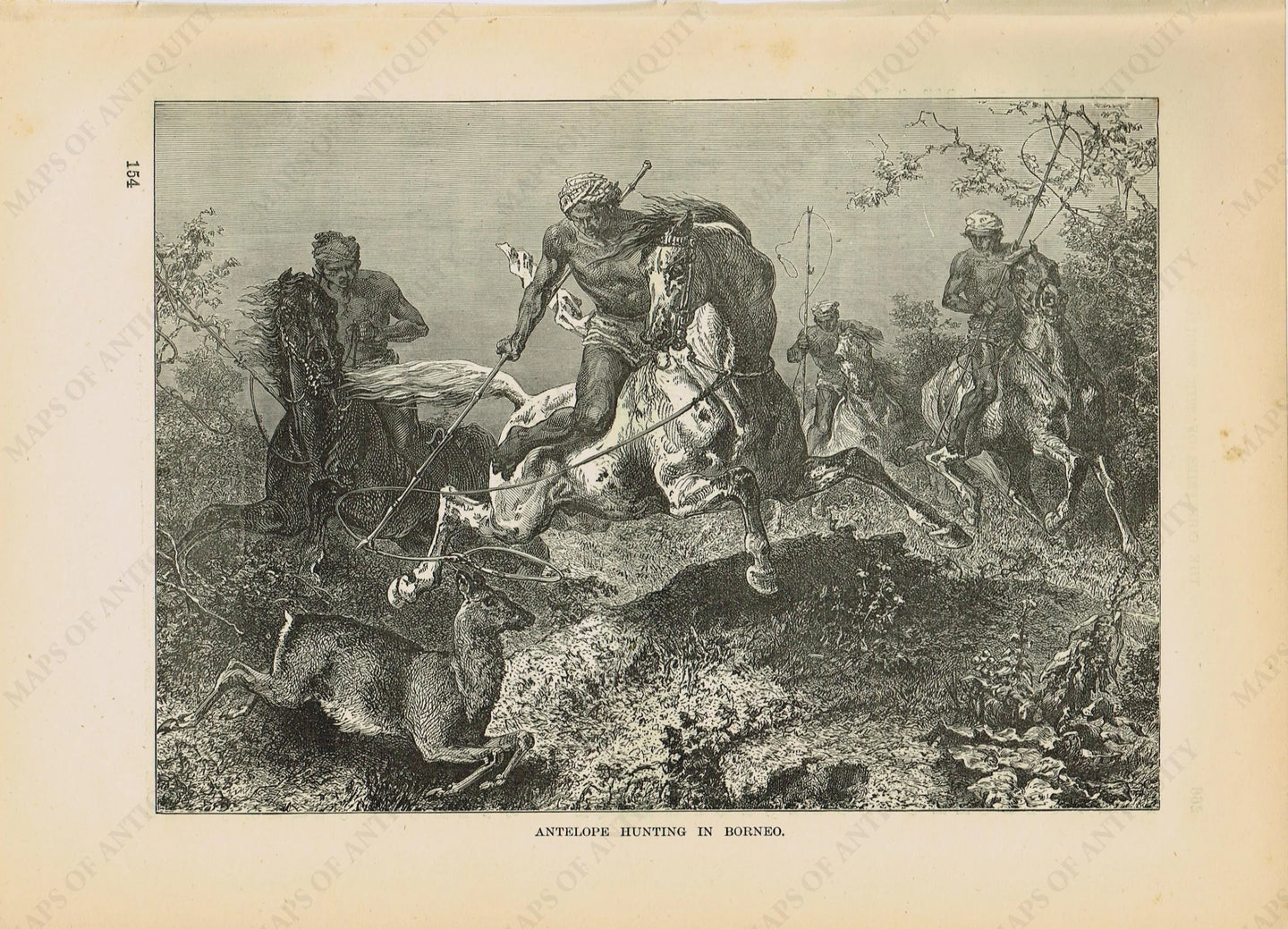 Genuine-Antique-Print-Antelope-Hunting-in-Borneo--1881-Robert-Brown-Maps-Of-Antiquity