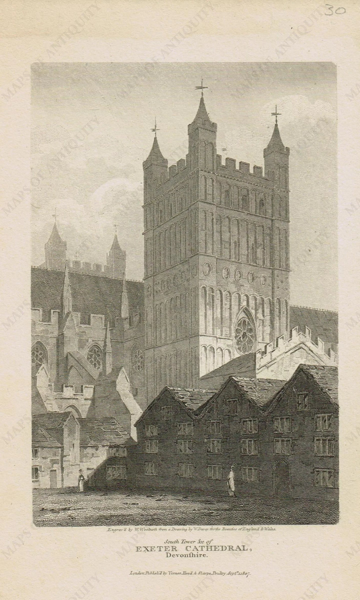 Genuine-Antique-Print-South-Tower-&c-of-Exeter-Cathedral-Devonshire-England--19th-century-Unknown-Publisher-Maps-Of-Antiquity