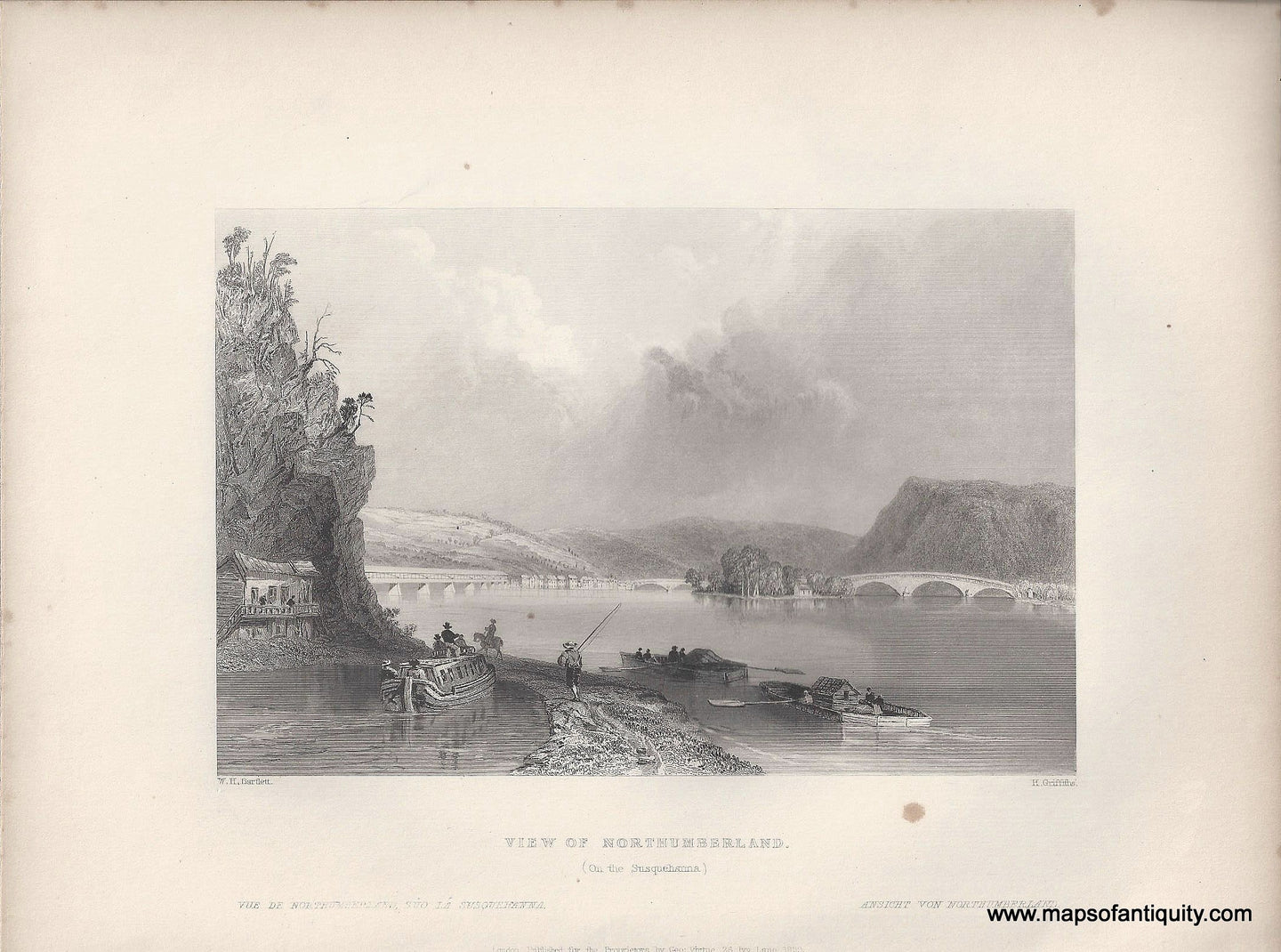 Genuine-Antique-Print-View-of-Northumberland-On-the-Susquehanna--1839-Bartlett-Maps-Of-Antiquity