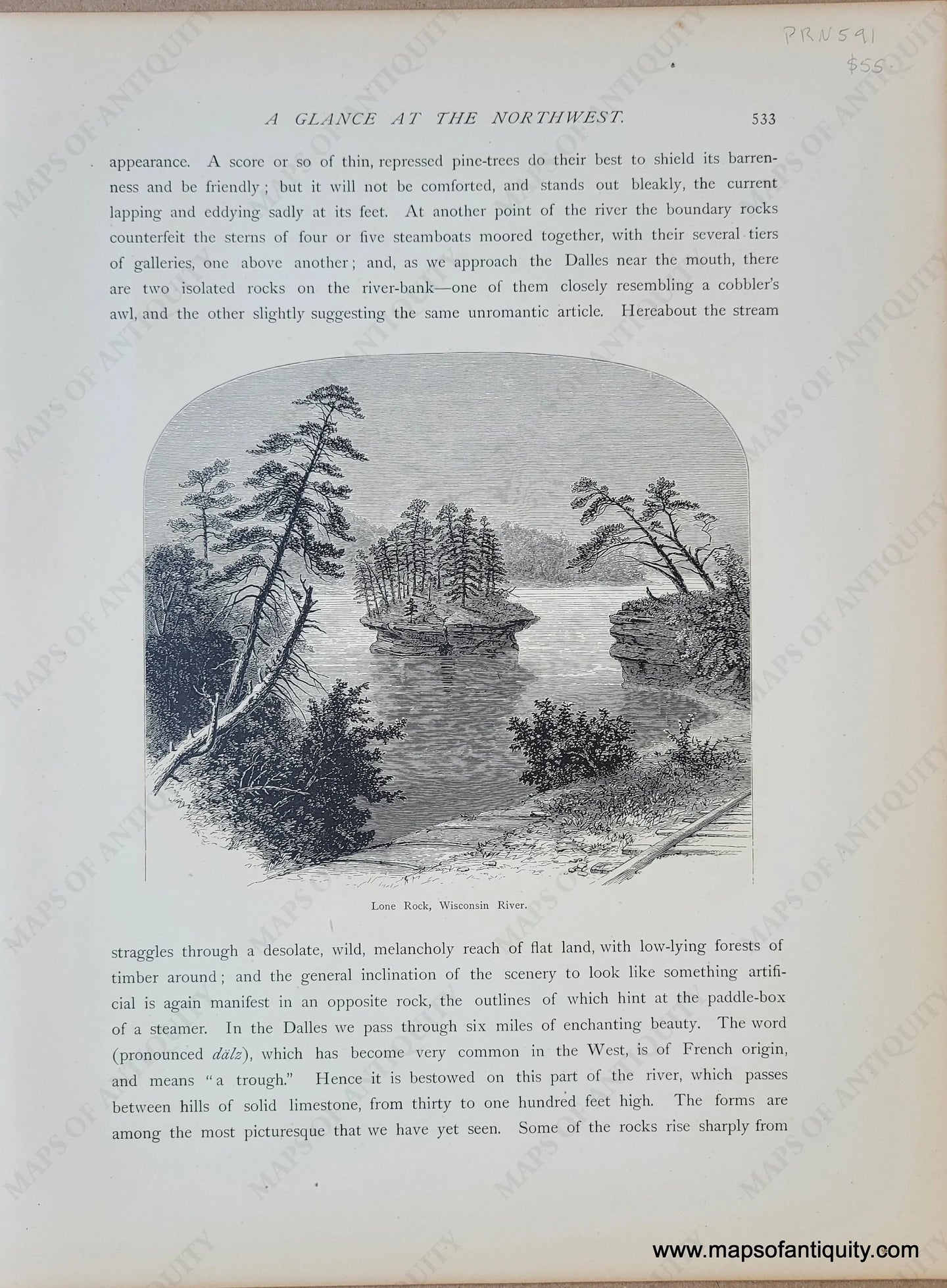 Genuine-Antique-Print-Double-sided-Page-Lone-Rosk-Wisconsin-River-Steamboat-Rock-Wisconsin-River-1872-Picturesque-America-Maps-Of-Antiquity