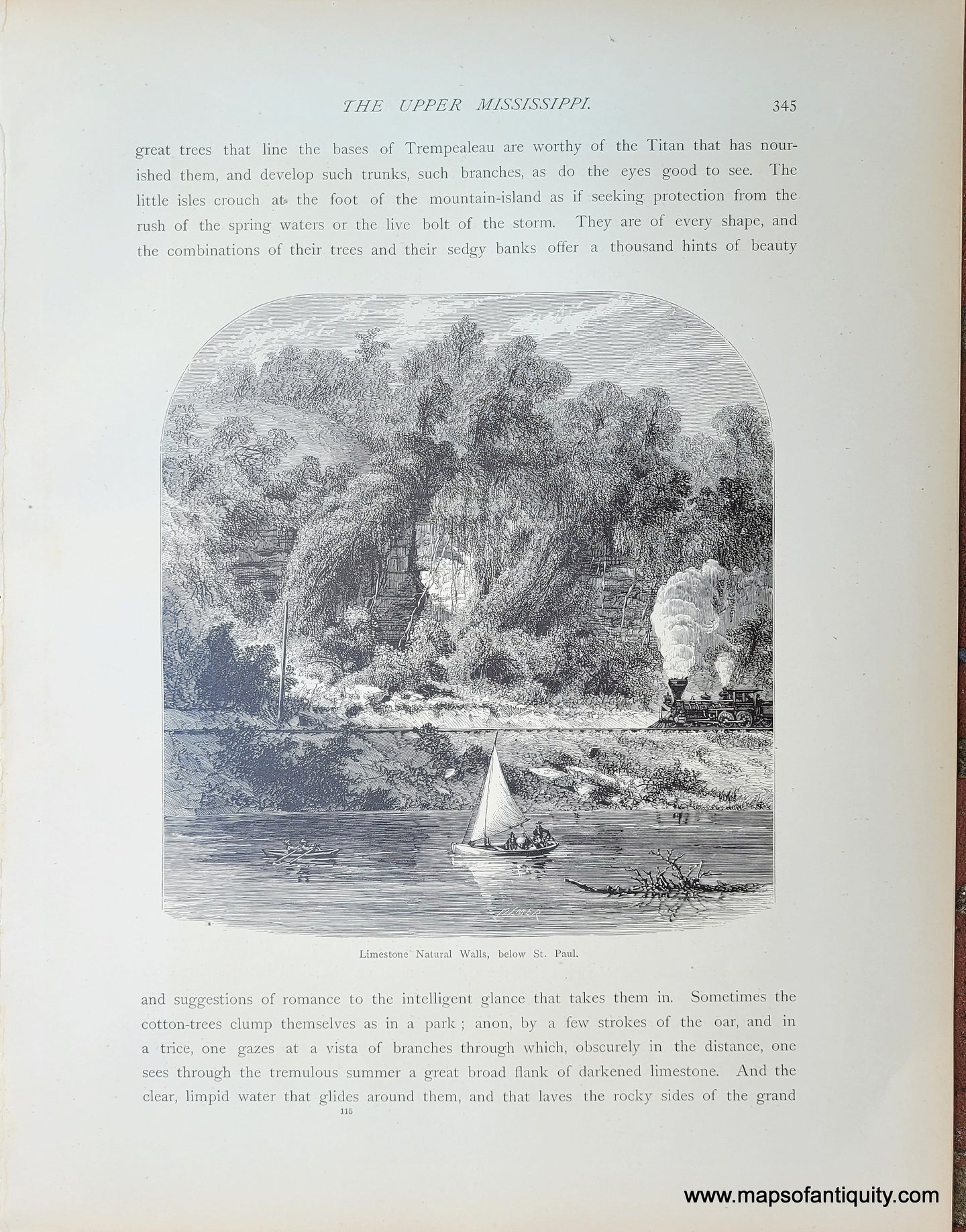 black and white page with text at top and bottom and an image in the middle, which shows a scene on the Mississippi river with a sailboat in the foreground, and a train engine in the middleground, and trees in the background