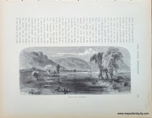 Load image into Gallery viewer, Antique page turned sideways so that the illustration is right side up but the text (which appears above the image in this orientation) is sideways. Shows a scene on the Mississippi River with Kayaks near Trempealeau wisconsin
